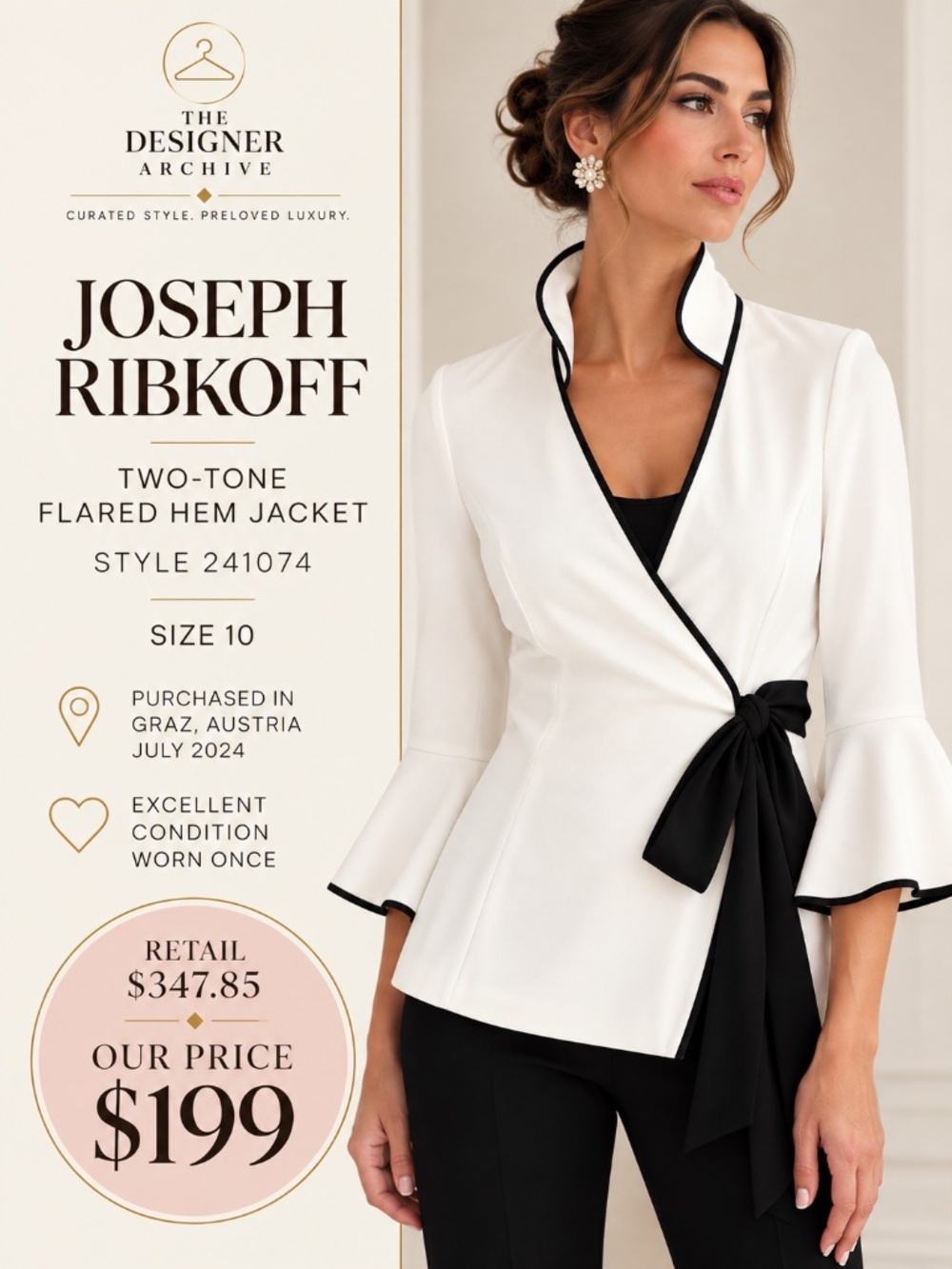 Joseph Ribkoff Two-Tone Flared Hem Wrap Jacket 241074 White Black Sz 10